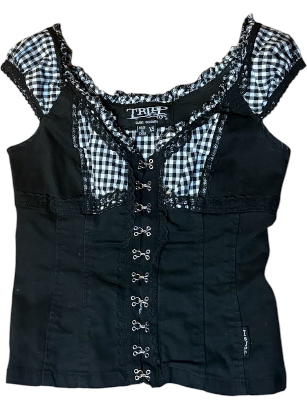 Tripp NYC Black Top with Black & White Gingham Trim